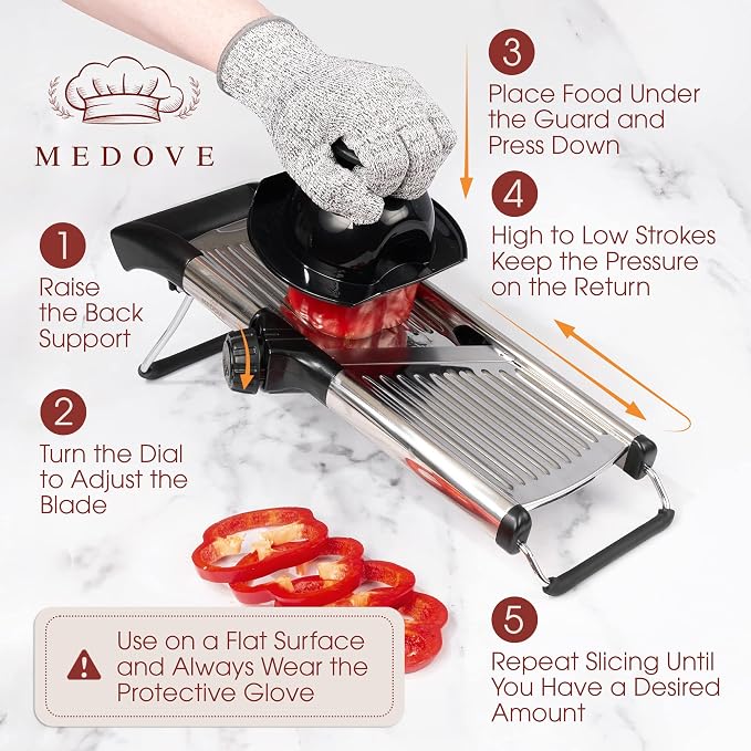 Stainless Steel Mandoline Slicer for Kitchen – 6-Setting Adjustable, 16.5 x 5 In. Platform, Hand Guard, Cut-Resistant Gloves – Vegetable Chopper, Meat Slicer, Cheese Slicer by Medove