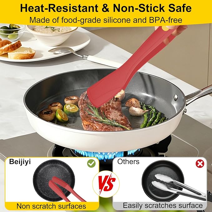 Beijiyi Kitchen Tongs for Cooking, 9" & 12" Set, Silicone Cooking Tongs with Silicone Tip for Nonstick Cookware, 600°F Heat Resistant, Stainless Steel Core, Great for Grilling and Serving Food (Red)