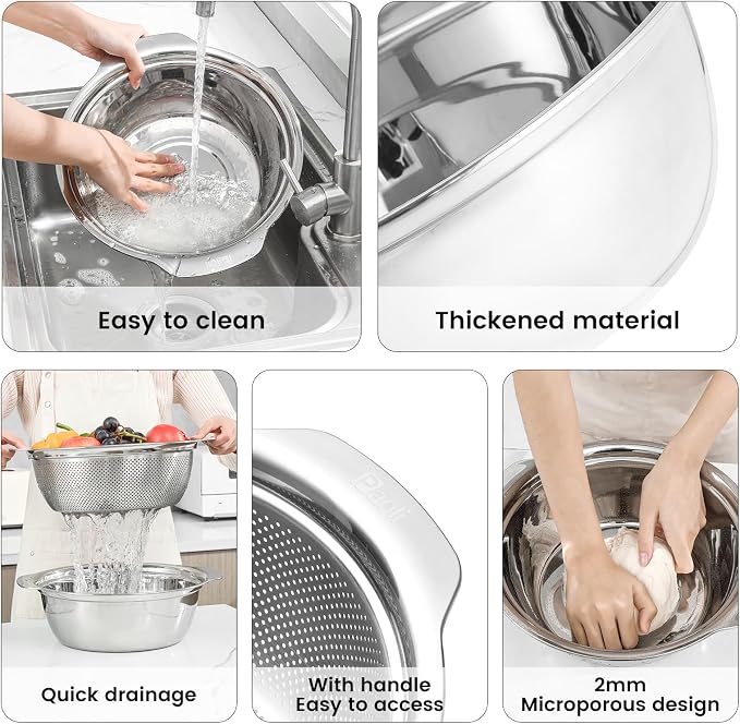 Paoli 304 Stainless Steel Fine Mesh Colander Set, 2QT Large Capacity Strainer with Mixing Bowl — Rinse Fruits, Veggies, Rice & Drain Pasta, Dishwasher Safe (2-Piece Gold)