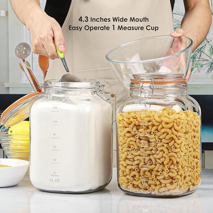 Qianfenie 1.1 Gallon Wide Mouth Airtight Glass Storage Containers with Lids | 100% Airtight Lid, Flour Storage, Kombucha, Bulk Pantry Organization, Measurement Marks, Pickling, Fermenting, Snacks