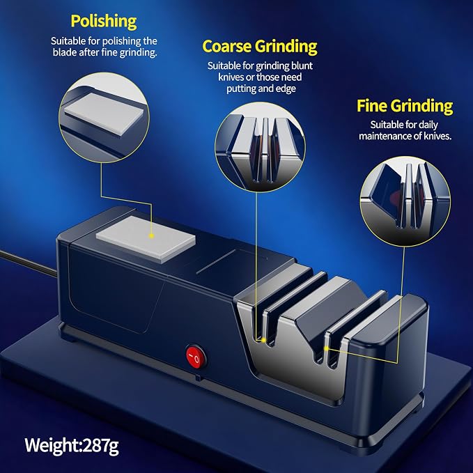 Electric knife sharpener, Professional Diamond Sharpening System with Replaceable Sharpening Abrasives, Fast Sharpening to Restore & Polish Chef Knives (Blue)