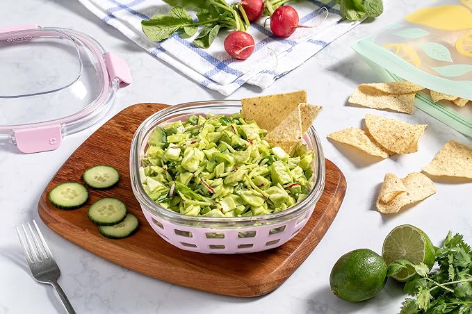 Ello DuraGlass Food Storage Glass Lunch Bowl Container - Meal Prep Container with Silicone Sleeve and Airtight Lid, 5 Cup, Cashmere Pink | Leakproof glass meal prep salad bowl. BPA-free lid, silicone sleeves, great for meal prepping, food storage, and ...