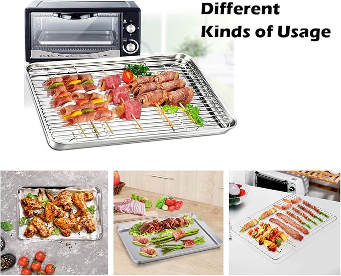 P&P CHEF 16 + 12.5 + 10.4 + 9 Inch Baking Sheet & Rack, Pan and Wire Rack | 8 Pcs (4x Cookie Sheets + 4x Cooling Racks), 4 Sizes, Stainless Steel Oven Pans Trays with Wire Racks, Oven & Dishwasher Safe