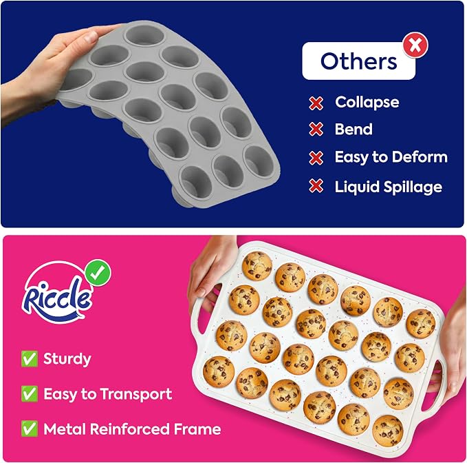 2 Pack Silicone Muffin Pans for Baking with Metal Reinforced Frame - Regular 12 Cup Silicone Muffin Pan & 24 Cup Mini Cupcake Pans - Silicone Cupcake Pan Set - Oven & Dishwasher Safe, BPA-Free
