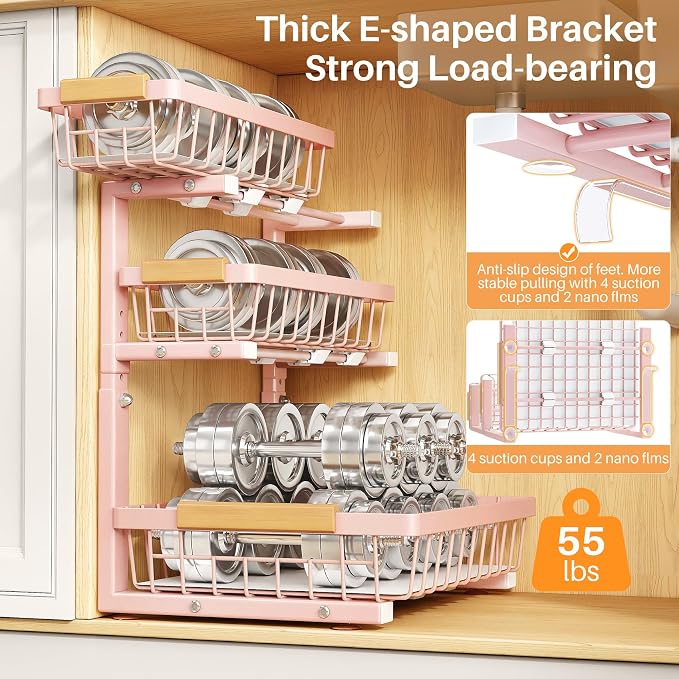 PXRACK Under Sink Organizer, 2-Pack 3-Tier Height Adjustable Thickened Metal Pull out Cabinet Organizer Shelf, Slide out Storage Drawer Rack for Bathroom Kitchen Pantry Home Organization, Pink