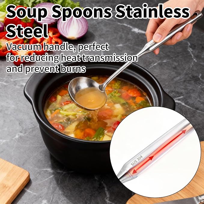 TBWHL Metal Soup Ladle 13.4" 304 Stainless Steel with Long Handle - Professional Kitchen Ladle with Ergonomic Handle & Perfect Balance for Gravy, Sauce & Broth
