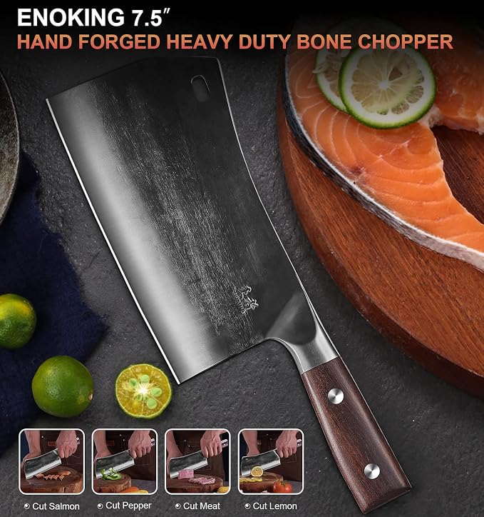 ENOKING 7.5″ Cleaver Knife, Chef’s Knives – Hand Forged, German High Carbon Stainless Steel Butcher Knife with Full Tang Handle for Home Kitchen & Restaurant
