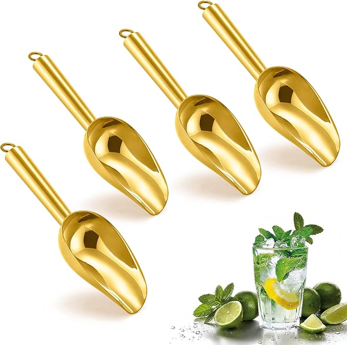 Herogo 3oz Mini ice Scoop Set of 4, Small Stainless Steel Scooper for Candy/Flour/Bean/Pet Food/ Ice Cube, Metal Utility Scoops for Kitchen Bar Party Wedding, Dishwasher Safe & Heavy Duty, Gold