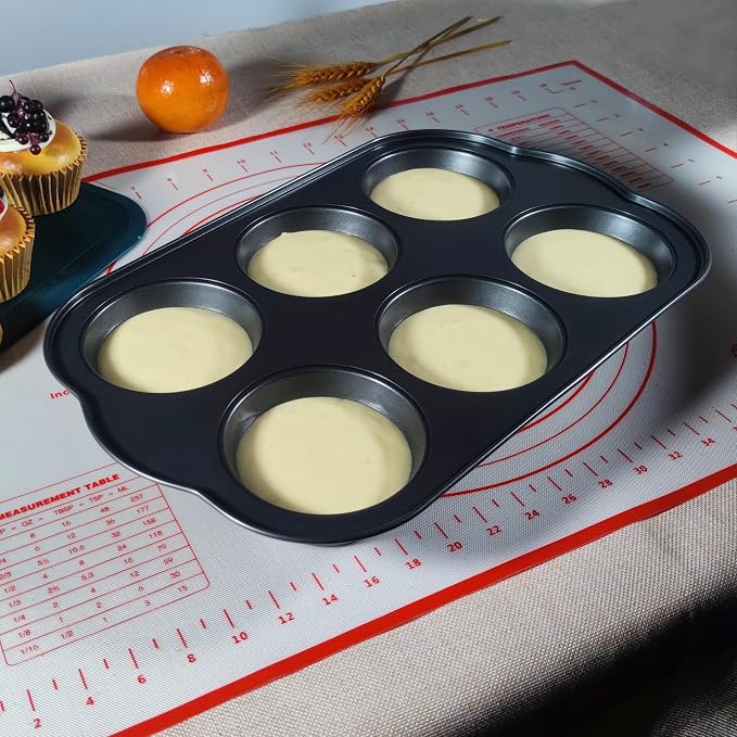 Non-Stick Jumbo 3.5" 6-Cup Muffin Pans, Set of 2(Black) | Carbon Steel, Long Handle for Large Muffin & Cupcakes