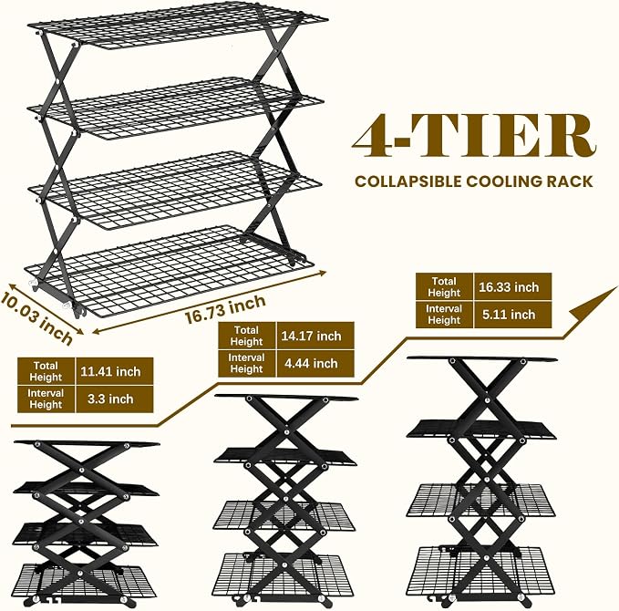 BEWOS 4 Tier Collapsible Cooling Rack - Adjustable Black Stainless Steel Baking Rack with Mesh Leak Proof, Foldable X-Shaped Structure Cooling Racks for Cooking and Baking, Dishwasher Safe