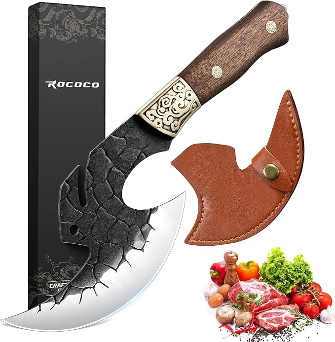ROCOCO Viking Cleaver Knife Birthday - Full Tang Kitchen Axe Gift Men | Hand Forged Butcher Meat Cutting Boning Knife Home Outdoor BBQ Camping Birthday Father Mother Gift