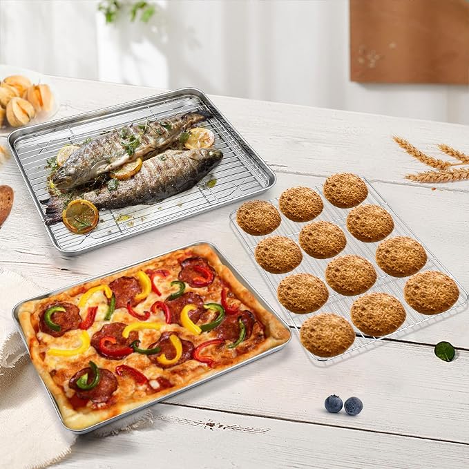 P&P CHEF 16 Inch Baking Sheet with Rack Set, Pans with Flat Racks | 2 Baking Sheets + 2 Cooling Wire Racks, Dishwasher & Oven Safe, Non-toxic & Lasting Use, Fit for Regular Oven