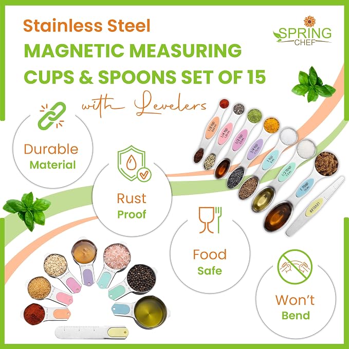Spring Chef Magnetic Measuring Cups & Spoons Set of 16, Patented, Pastel | Stackable Stainless Steel Measuring Cups & Heavy Duty Metal Measuring Spoons with Levelers for Dry & Liquid Ingredients