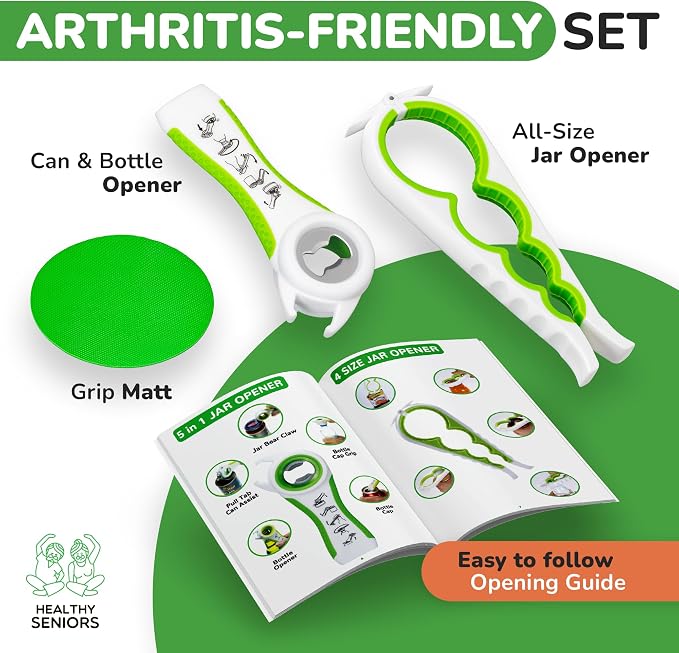Healthy Seniors Jar Opener for Weak Hands and Seniors with Arthritis, 5 in 1 Multi Function Bottle Opener Lid Opener For Arthritic Hands with Non Slip Gripper For Opening Jars And Bottles (Green)