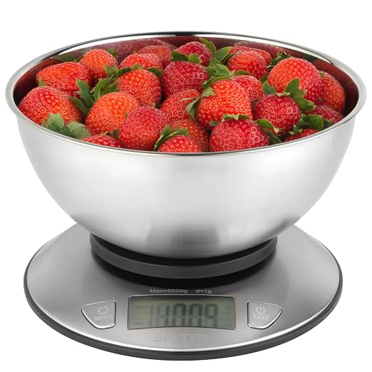 Salter Kitchen Scale with Bowl – Multiple Measure, Measures Liquid, 5kg/11lbs Max Capacity, 2l Steel Bowl, LCD-Display, Stainless-Steel, Dual Use, Perfect for Baking, Cooking, Meal Prepping