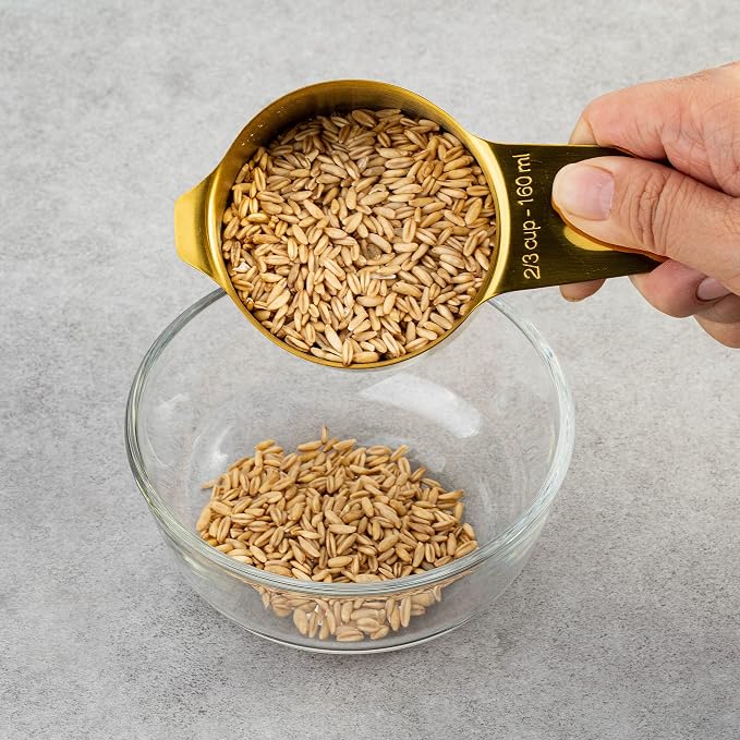 7-Piece 18/8 Stainless Steel Measuring Cups Set, Gold | Includes 1/16, 1/4, 1/3, 1/2, 2/3, 3/4 and 1 Cup, Engraved US and Metric Markings, Pour Spouts and Ring Connector