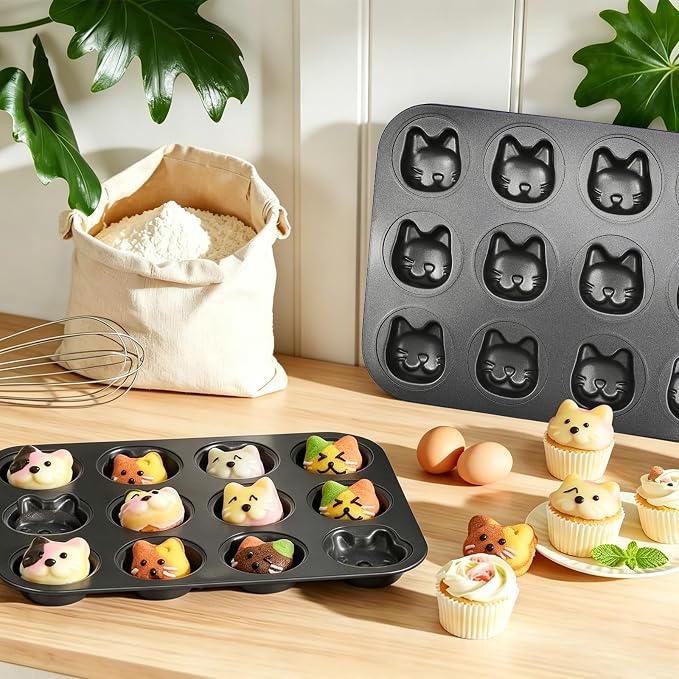 Mini Cat Shaped Muffin Pans, 12 Cavity Non-Stick Madeleine Mold Cake Pan, Mini Muffin for Edible Cat Cake Topper Decoration Shower Birthday Party Decorations
