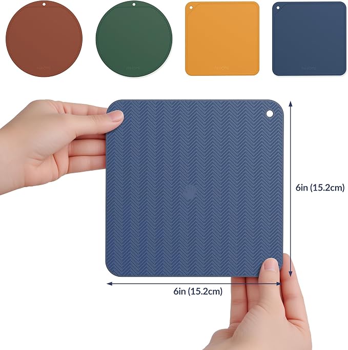 NiHome Jar Opener Gripper Pads, 6in Silicone for Seniors, 4-Pack | Multiple Vintage Colors & Set Options, Palm-Textured with Hang Holes, Square and Round Shapes, Dishwasher Safe Coaster