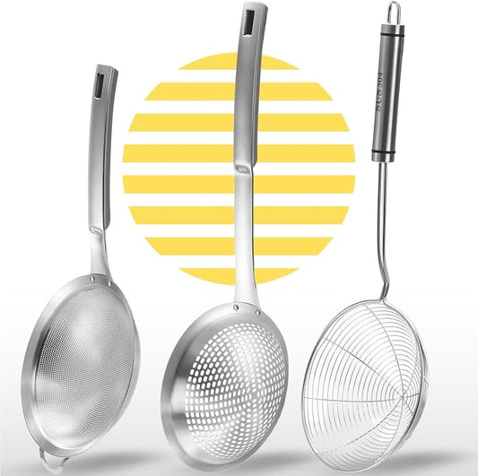 Spider Strainer Set of 3pcs - Stainless Steel Frying Spoons for Cooking Skimmer Ladle for Oil Fryer Pasta and Fat Durable Strainer Scoop Kitchen Utensil for Frying and Draining