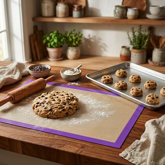 Restaurantware Full Size Baking Mat 1 Heat-Resistant Cooking Mat - Allergen-Safe Reusable And Ultra-Durable Tan And Purple Silicone Nonstick Mat For Pans And Rolling 23.6 x 15.75 Inch