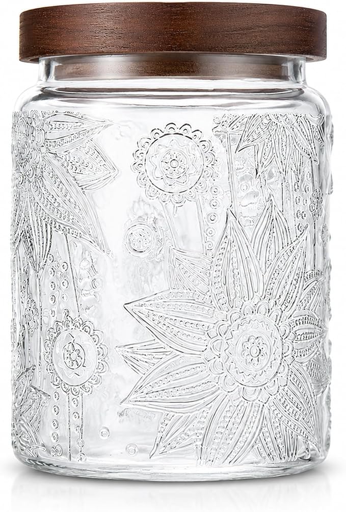23.7 fl oz Vintage Glass Jar with Wooden Lid, Airtight Decorative Food Storage Canisters for Kitchen Counter & Pantry, Ideal for Candy, Sugar, Coffee,salt, Tea, Cereal, Flour, Oats