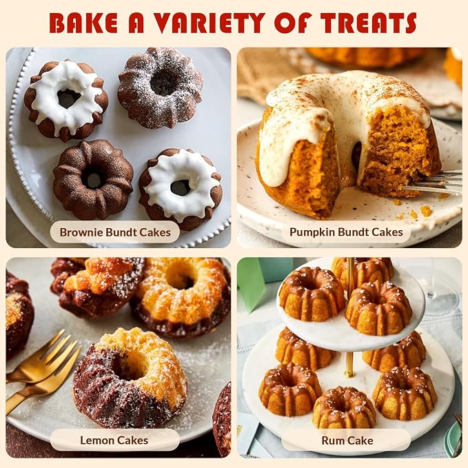 HKNMTT 2Pcs Mini Fluted Cake Pans 6-Cavity Non Stick Buntz Pan BPA Free | Food-Grade Silicone, Oven Safe, Easy Release, for Baking Cakes, Jello, Brownie
