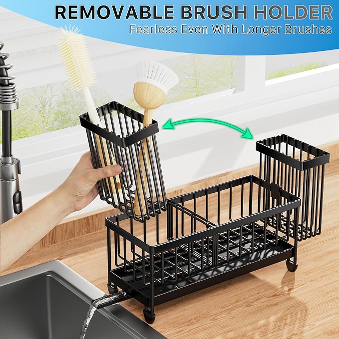 Cisily Sponge Holder for Kitchen Sink, Sink Organizer with Brush Holder | Kitchen Countertop Organizers and Storage Essentials, Rustproof 304 Stainless Steel (Black, 9.25″)