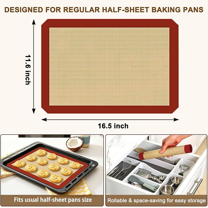 Silicone Baking Mat - Half Sheet Baking Mat, Set of 2 | Non-Stick, Heat Resistant, Food Safe, Reusable, Dishwasher Safe, 16.5"x 11.6"