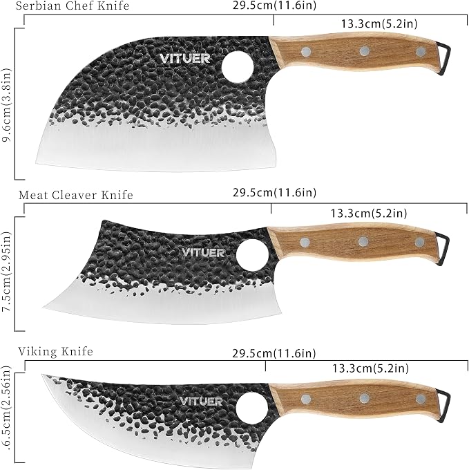 3PCS Butcher Knife Set, Hand Forged 7" Butcher Meat Cleaver, 7" Serbian Chef and 6.5" Viking Knife, Great for Indoor & Outdoor (Stylish Pattern Design)