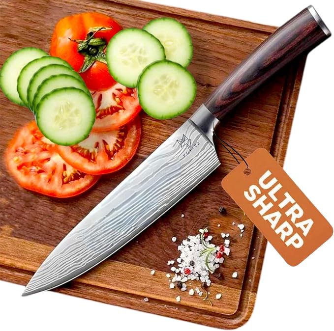 8in Japanese Chef Knife, High Carbon Stainless Steel Kitchen Knife | Razor-sharp Damascus blade for meat, vegetables & garnishes. Ergonomic grip. Professional quality for home cooks.