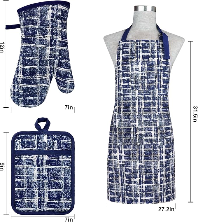 Alselo Oven Mitts and Pot Holders with Cooking Apron,Set of 5 Heat Resistant Kitchen Gloves and Silicone Non-Slip Potholders Adjustable Neck Buckle Chef Apron, Cotton Nice Design for Cooking (Navy)