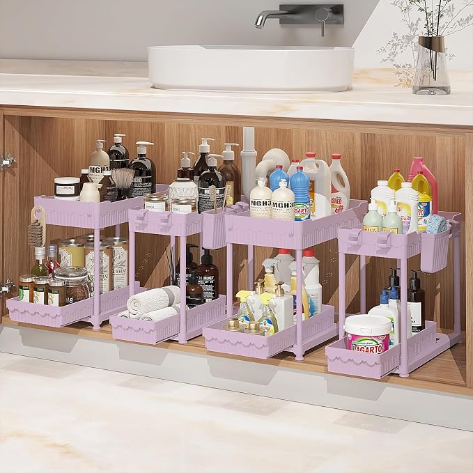 4-Pack 2-Tier Under Sink Organizer with Pull Out Drawers | Multi-use kitchen & bathroom storage. Includes hanging hooks and cups. Pink, space-saving cabinet design. 12.8 Inch