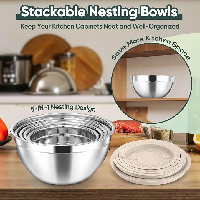 Herogo 5-Piece Mixing Bowls with Lids, 3 Grater Attachments, Stainless Steel Salad Bowls for Kitchen, Size 4.6, 3.5, 2.5, 2, 1.5QT Ideal for Baking, Prepping, Mixing and Serving, Khaki