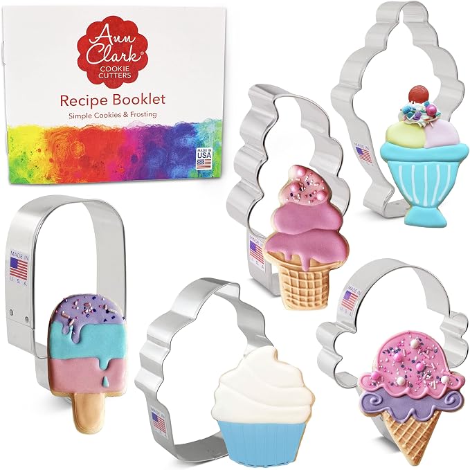 Ice Cream and Sweets Birthday Cookie Cutter 5-Pc Set Made in USA by Ann Clark, Ice Cream Cone, Soft Serve Cone, Popsicle, Ice Cream Sundae
