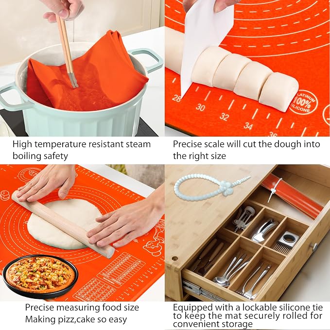 Silicone Baking Mat 28" x 20" Extra Thickness Dough Rolling Mat with Measurements and Edge Heightening, Non-stick Food Grade Silicone Pastry Mat for Pastry, Bread, Cookies, Pizza, Fondant, Pasta-Red