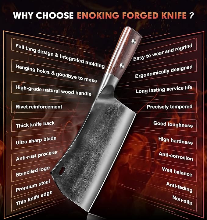 ENOKING 7.5″ Cleaver Knife, Chef’s Knives – Hand Forged, German High Carbon Stainless Steel Butcher Knife with Full Tang Handle for Home Kitchen & Restaurant