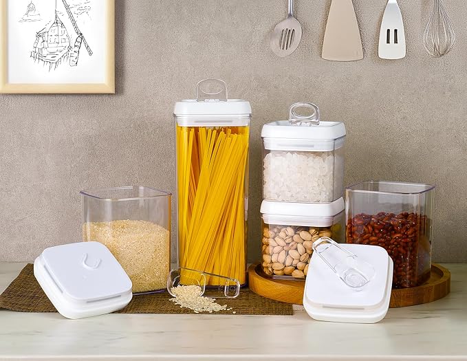 Felli Flip Tite Storage Container with Built-In Spoon & Airtight Lid 5” Large-M Ring Flip Top, Stackable Acrylic Canister for Sugar Flour Powder, Kitchen Pantry Organizer (1.8qt), 2 spoons