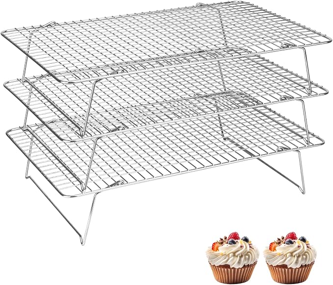 Pleafind 3 Pieces Stackable Cooling Rack - 16 x 10 Inch Wire Rack, 0.43" Dense-Grid Cooling Racks for Cooking, Baking, Roasting, Grilling, Oven and Dishwasher Safe, Silver
