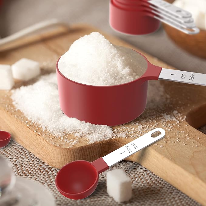 Measuring Cups & Spoons Set, Stackable Cups and Spoons | Nesting Measure Cups with Stainless Steel Handle, Kitchen Gadgets for Cooking & Baking (Red)