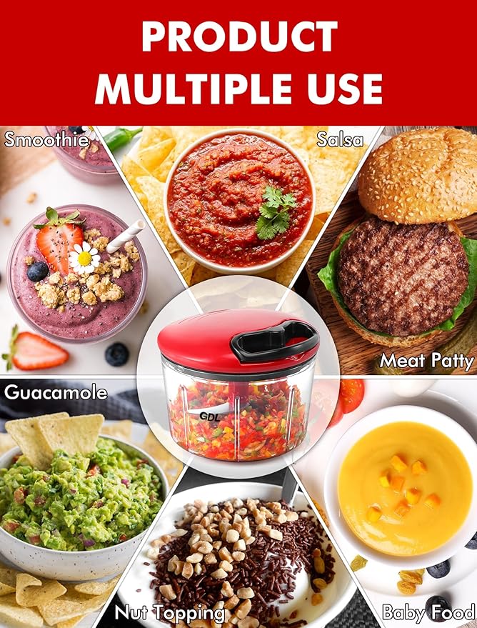 GDL Food Chopper, Pull Onion Chopper Dicer, Hand Powered Food Mincer, Fast Cutting Hand Chopper for Oinon, Garlic, Nut, 3.4 Cups 0.8L, Red