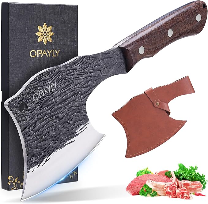 OPAYLY Heavy-Duty Bone Chopper Knife Hand Forged Meat Cutting with Cover Meat Bone Cleaver Knife High Carbon for Kitchen Outdoor Camping BBQ men gifts