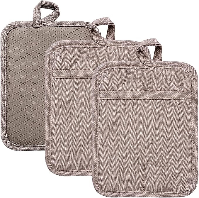 Pot Holders Yarn-Dyed Set of 3 Non Slip Silicone Kitchen Lines Heat Resistant 500℉ Kitchen Gloves BBQ Cooking Baking Cooking Barbecue Microwave Machine Washable (Khaki Pot Holders)