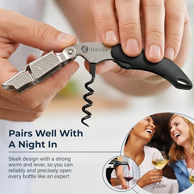 HiCoup Kitchenware Wine Opener - Professional Corkscrews for Wine Bottles w/Foil Cutter and Cap Remover - Manual Wine Key for Servers, Waiters, Bartenders and Home Use - Classic Black