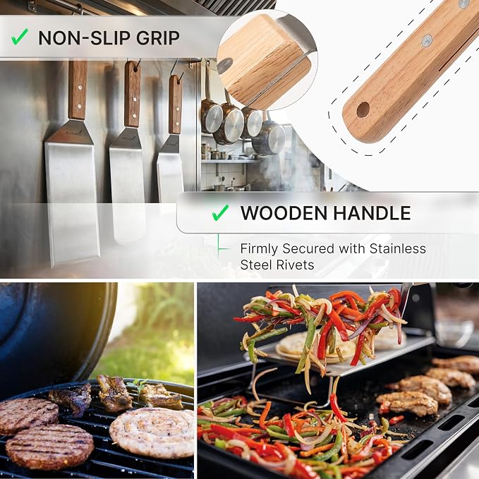 Anmarko Professional Metal Spatula with Wooden Handle, Stainless Steel Griddle Scraper, Commercial Grade Pancake Flipper