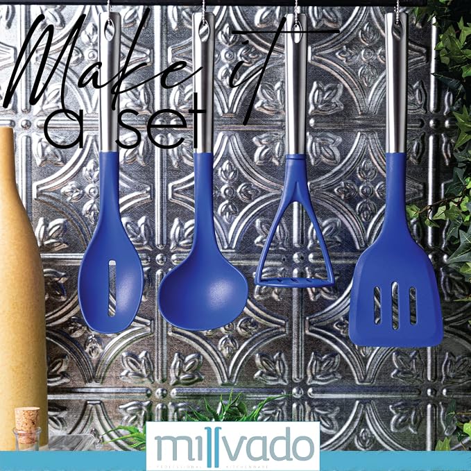 Millvado Potato Masher, Strong Stainless Steel Handle with Heavy Duty Plastic Base, 11.5 Inch Blue Mashed Potatos Masher, Hand Smasher for Vegtables