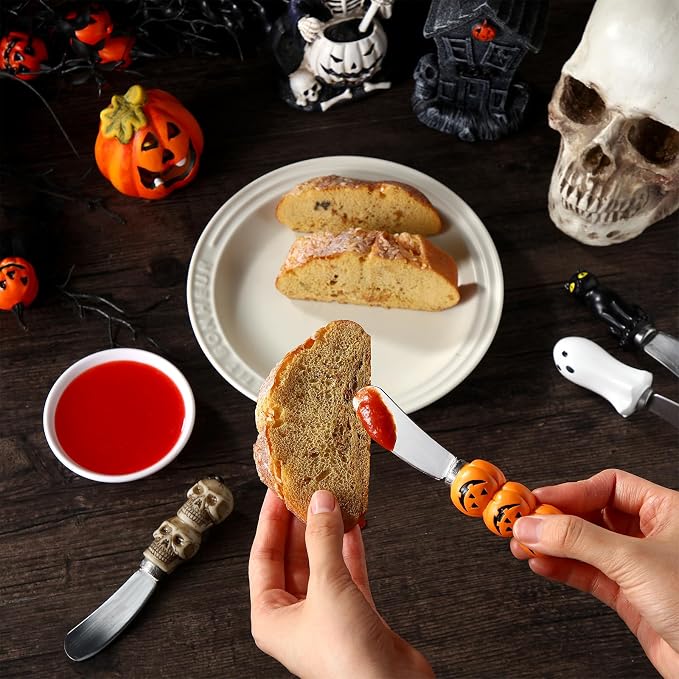 Jingmore 4 Pcs Halloween Cheese and Butter Spreader Knives Decor Pumpkin, Black Cat, Ghost, Skull Hand Painted Resin Handle with Stainless Steel Blade Multipurpose(Cheese Knives)