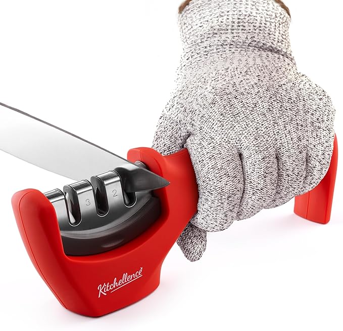 4-in-1 Kitchen Knife Accessories: 3-Stage Knife Sharpener Helps Repair, Restore and Polish Blades and Cut-Resistant Glove