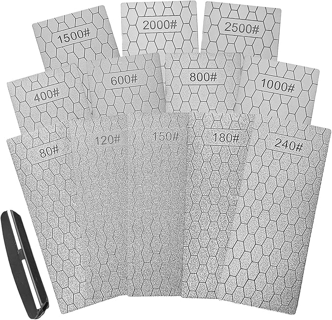 Diamond Sharpening Stone Set,12 Pcs Diamond Lapping Plate Coarse/Medium/Fine Grit Sharpener, 80/120/150/180/240/400/600/800/1000/1500/2000/2500 Grit，Perfect Assistance Sharpener Angle Guide