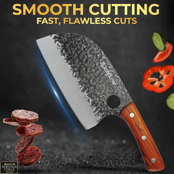 Serbian Chef Knife Vegetable Chopper Meat Cutting Kitchen Knife Food Prep | Hammered Pattern Forged Steel • Full Tang • Sandalwood Handle • Chopping • Slicing • Kitchen • BBQ • Grilling • Outdoor