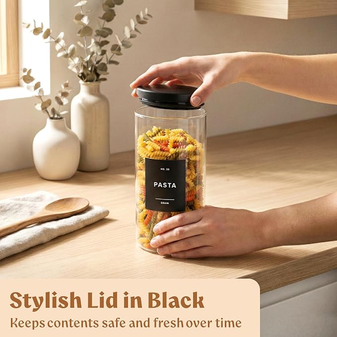 Glass Pantry Storage Jars Containers with Black Lids and Labels - Set of 4 | Extra Thick Round Glass Canisters with Black Lids and 54 Pre-printed Pantry Labels keeps dry Goods Fresh and Organized